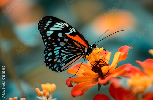 close-up of a stunning butterfly on an orange-petaled flower with intriguing textures. © Arif