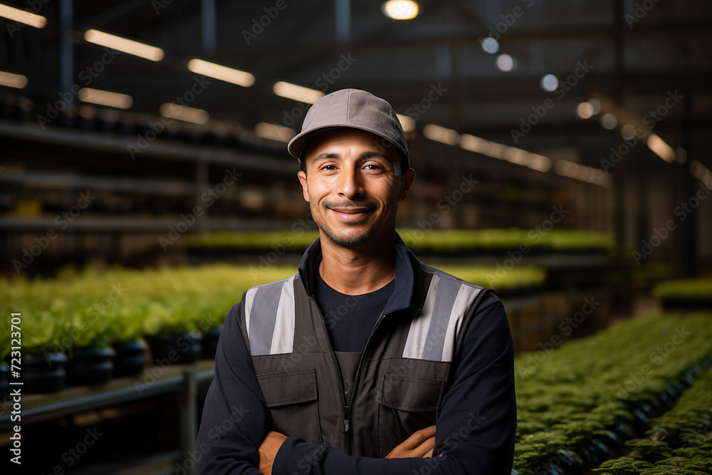 Ai generated image of cheerful smiling man working in modern greenhouse factory exploring plant growth