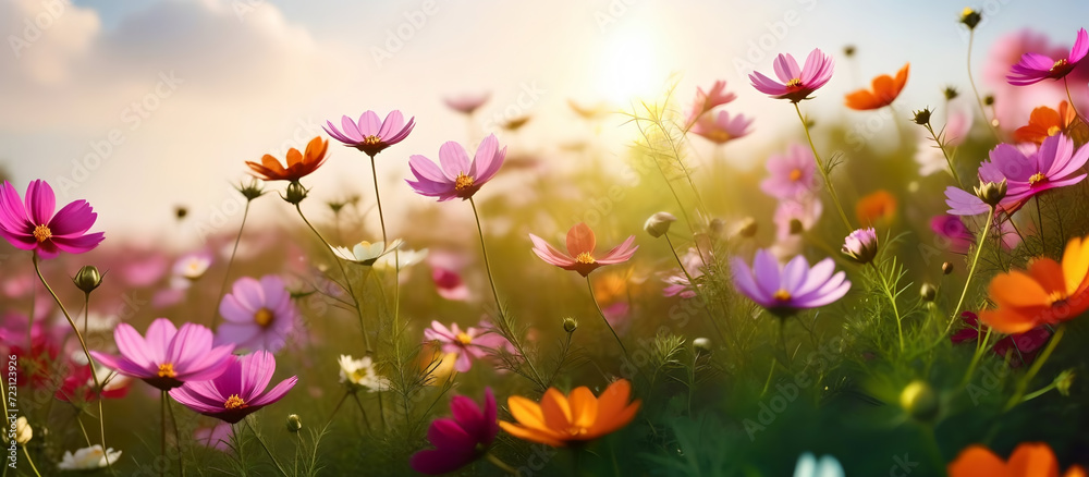 Beautiful spring summer bright natural background with colorful cosmos flowers close up.