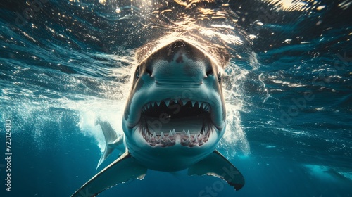 Ocean shark bottom view from below. Open toothy dangerous mouth with many teeth. Underwater blue sea waves clear water shark swims photo
