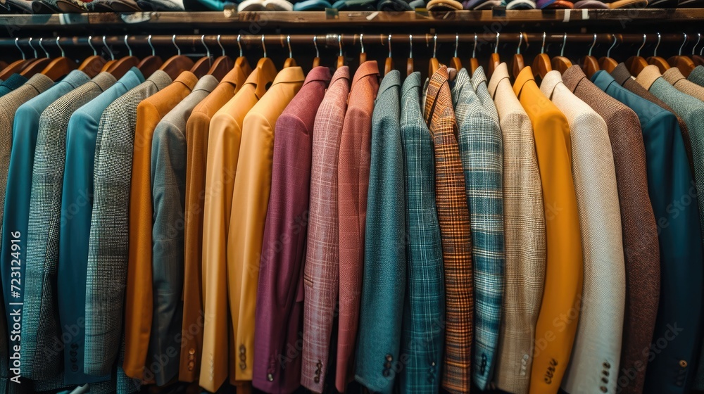 Many collections of complete male outfits neatly arranged in rows, different colors, different designs for male. Generative AI.