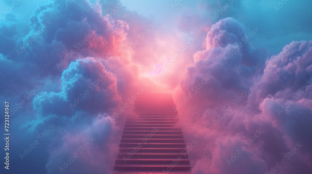 Staircase to heaven with clouds and sunlight.