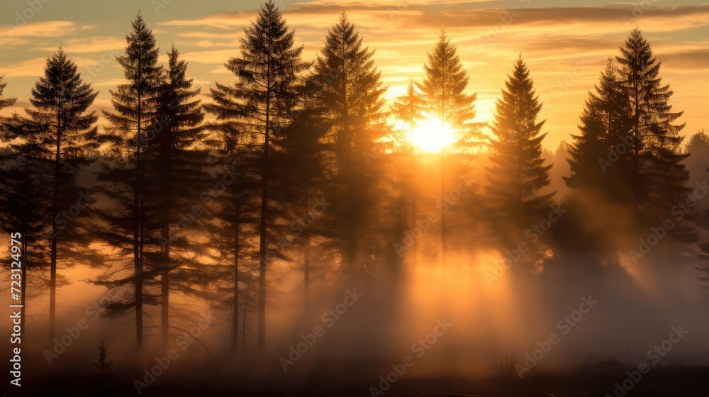 A foggy morning view of a pine tree forest with a rays of yellow sunrise. Beautiful landscape background wallpaper. A foggy morning view of a pine tree forest with a rays of yellow sunrise. Beautiful landscape background wallpaper.