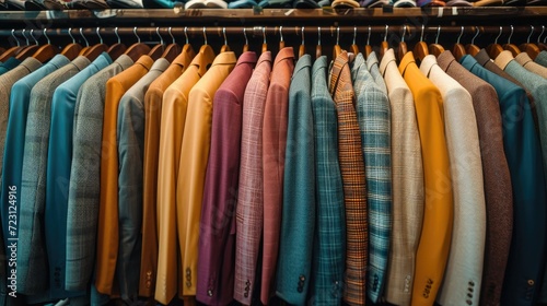 Many collections of complete male outfits neatly arranged in rows, different colors, different designs for male. Generative AI.