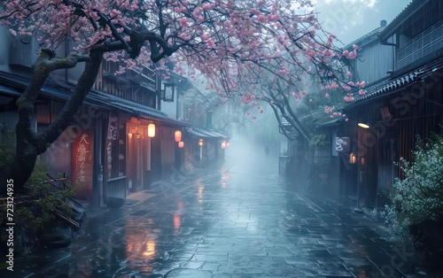 Behold a Japanese landscape street scene drenched in rain, with a backdrop of blooming flowers essence of a traditional Japanese landscape.