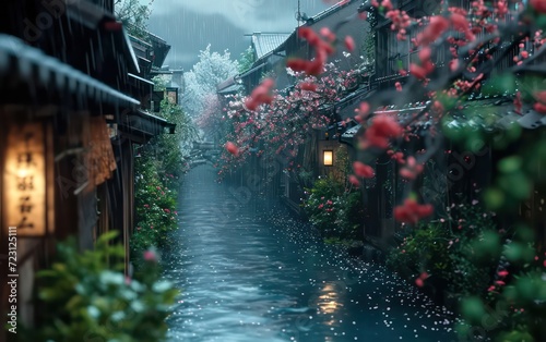 Behold a Japanese landscape street scene drenched in rain, with a backdrop of blooming flowers essence of a traditional Japanese landscape.