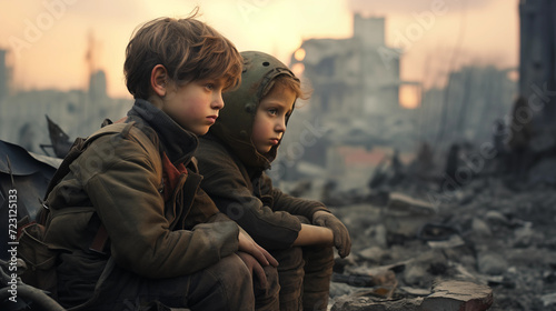 sad poor brother and sister children in a war situation with a bombed city in the background  photo