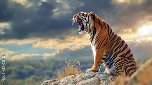 Big Bengal tiger roaring on the cliff. photo
