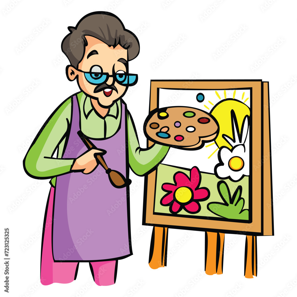 A cute painter smiling happily and painting a picture on the canvas A cute painter smiling happily and painting a picture on the canvas