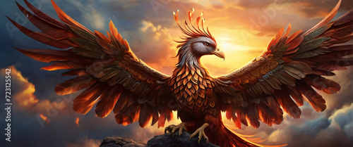 A magnificent phoenix in mid-flight, its wings spread wide against a backdrop of clouds and sun. The feathers are intricately detailed