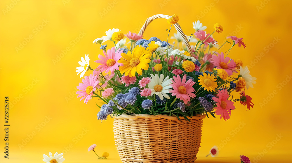 A yellow spring background with a basket of white flowers and snowdrops