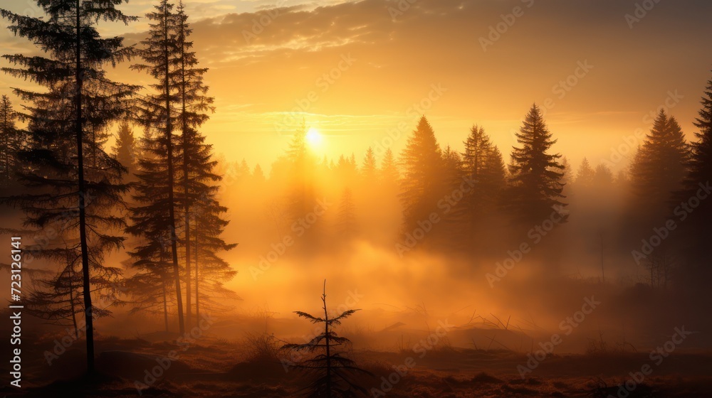 A foggy morning view of a pine tree forest with a rays of yellow sunrise. Beautiful landscape background wallpaper.