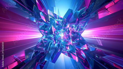 A futuristic presentation background with a neon blue and purple color scheme, featuring a 3D abstract geometric shape in the center © Aisyaqilumar
