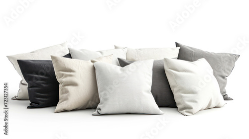 collection of various white pillows on white background.
