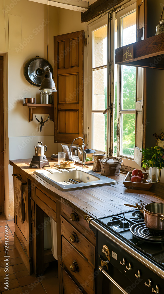an interior design of a  kitchen countertops in  French country style
