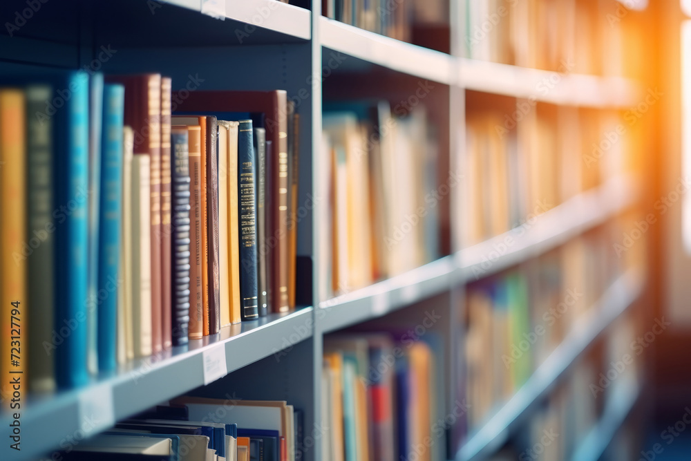 Library shelves with many books. Education, knowledge and learning concept. Background with selective focus Library shelves with many books. Education, knowledge and learning concept. Background with selective focus