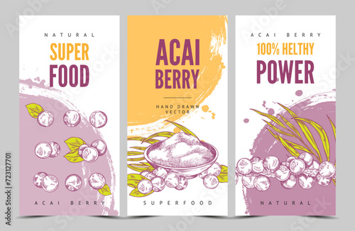 Acai berries and leaves on vector flyers template, fresh berries with foliage, engraved hand drawn healthy superfood