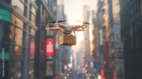 Robot delivering box. Flying drone hold package. Air copter with cardboard parcel. City street background. Aerial post transportation. Multicopter propeller fly above urban road. Modern technology. photo