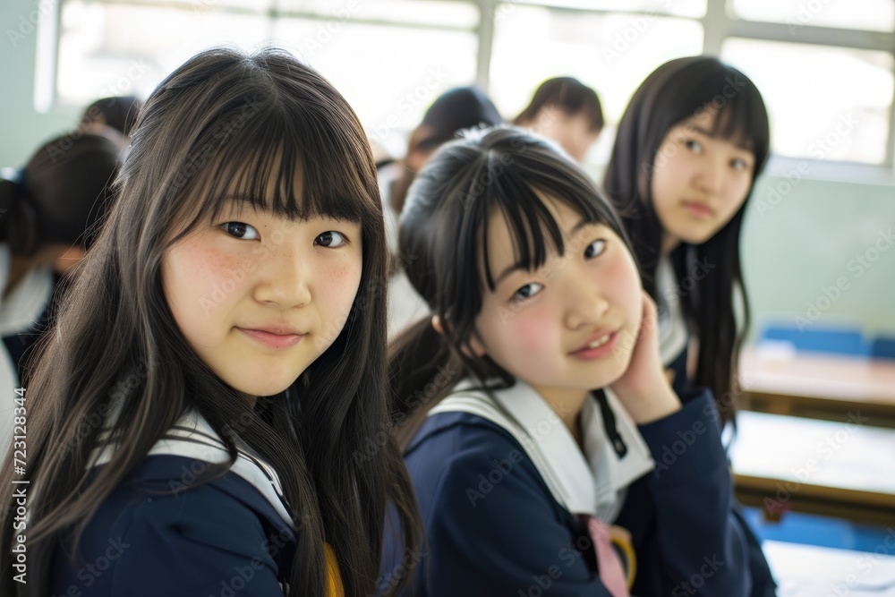 A cheerful scene unfolds in a bright classroom with students wearing traditional Japanese school uniforms. The focus is on a smiling girl with a red bow tie, Ai generated A cheerful scene unfolds in a bright classroom with students wearing traditional Japanese school uniforms. The focus is on a smiling girl with a red bow tie, Ai generated