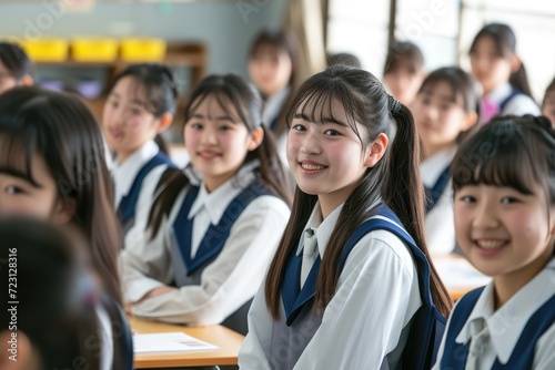 A cheerful scene unfolds in a bright classroom with students wearing traditional Japanese school uniforms. The focus is on a smiling girl with a red bow tie,  Ai generated