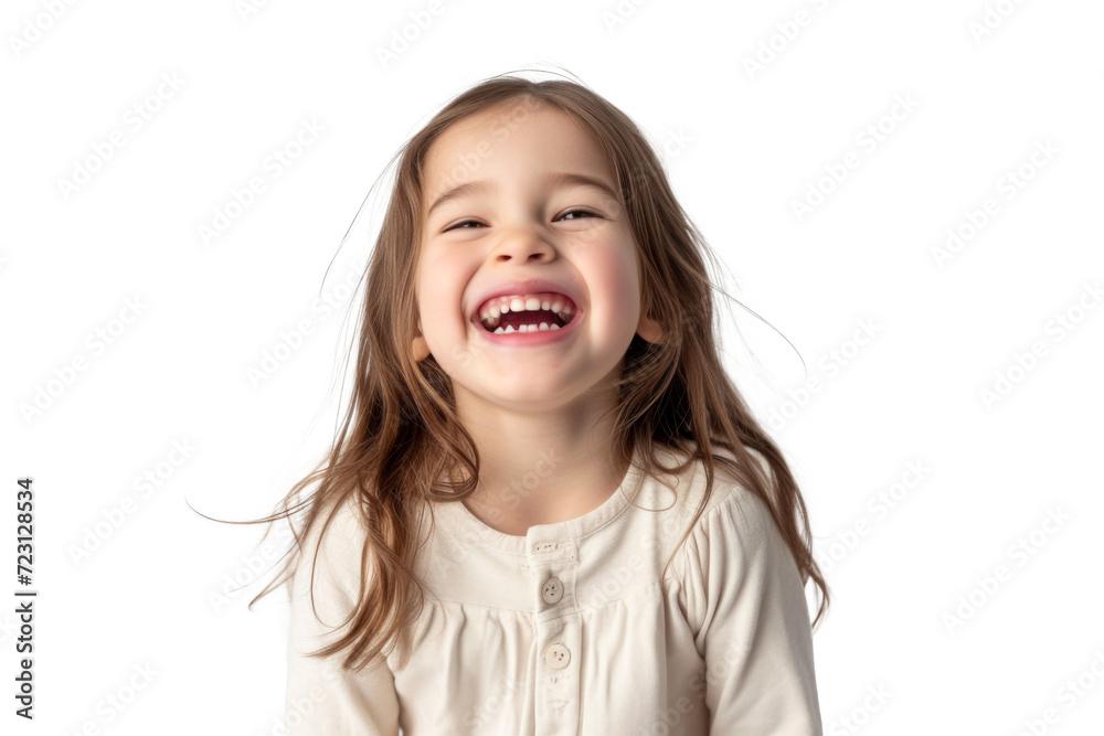 Studio portrait of a cute happy little girl with a beautiful smile isolated on transparent png background.	