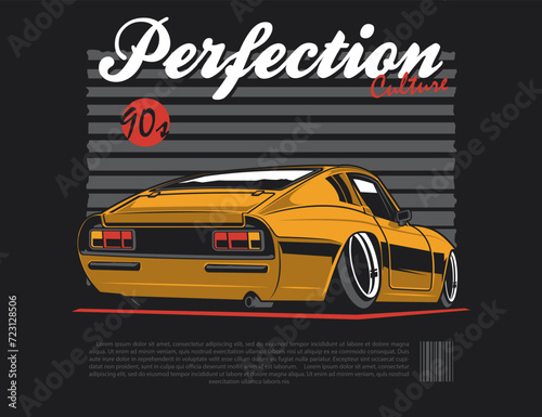 classic 90s coupe car in orange accent along with striped and text backdrop illustration vector design 