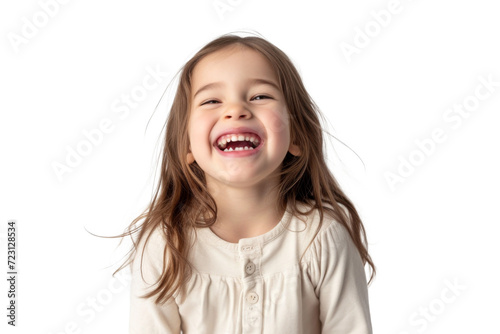 Studio portrait of a cute happy little girl with a beautiful smile isolated on transparent png background.	