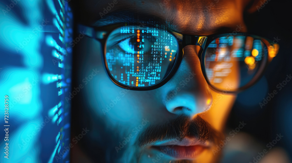 Man spectacles, Extreme close up, Focused developer coder looking at programming code data cyber security digital tech reflecting in spectacles developing software program. Generative AI. Man spectacles, Extreme close up, Focused developer coder looking at programming code data cyber security digital tech reflecting in spectacles developing software program. Generative AI.