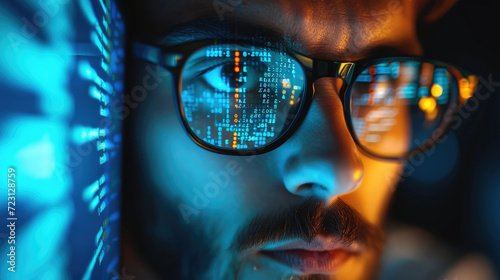 Man spectacles, Extreme close up, Focused developer coder looking at programming code data cyber security digital tech reflecting in spectacles developing software program. Generative AI. photo