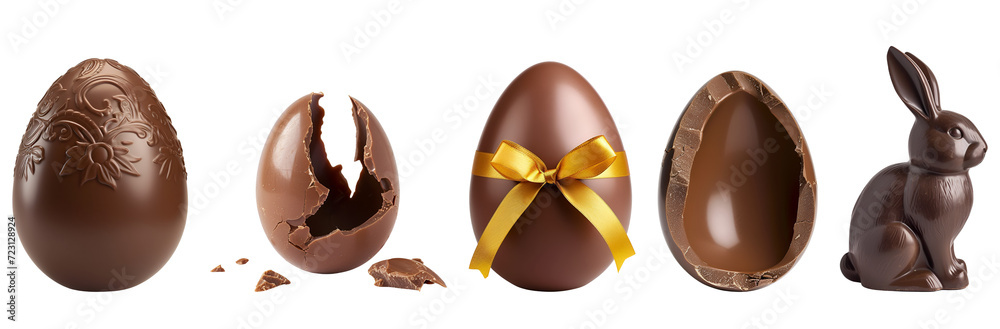Bunny and Eggs: Set of Chocolate for a Happy Easter, Isolated on Transparent Background, PNG - obrazy, fototapety, plakaty 