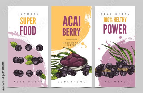 Set of flyers about acai berry superfood sketch style