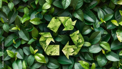 Recycling symbol sign made from nature, green leaves and plants among tree leaves filling the frame