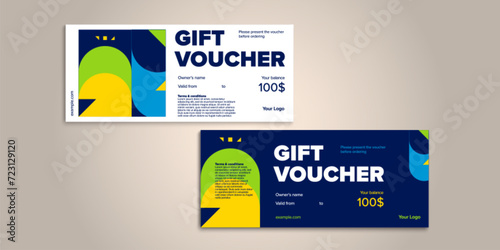 Abstract gift voucher card template. Modern discount coupon or certificate layout with geometric shape pattern. Vector fashion bright background design with information sample text.