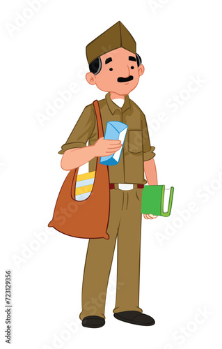 A postman delivering letters with a cloth bag on his shoulders and a book in hand