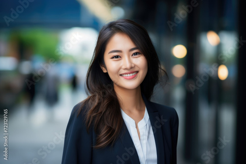 Young asian woman, professional entrepreneur standing in office clothing, smiling and looking confident