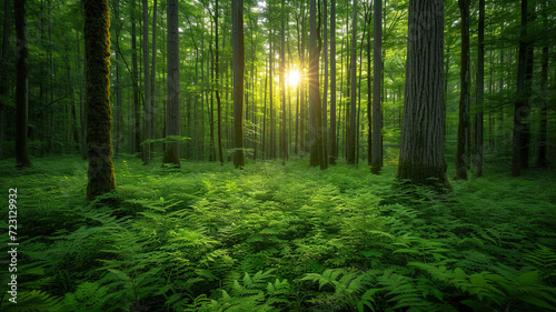 Towering green trees and small plants, sunlight filtering through. Mystical and serene atmosphere.