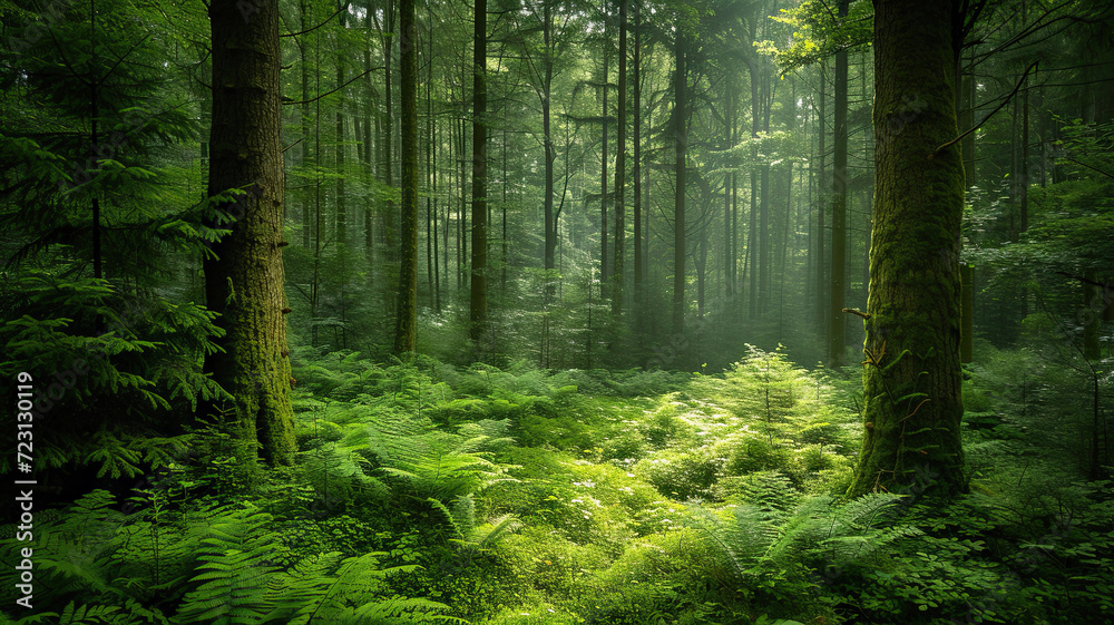 Fototapeta premium Towering green trees and small plants, sunlight filtering through. Mystical and serene atmosphere.