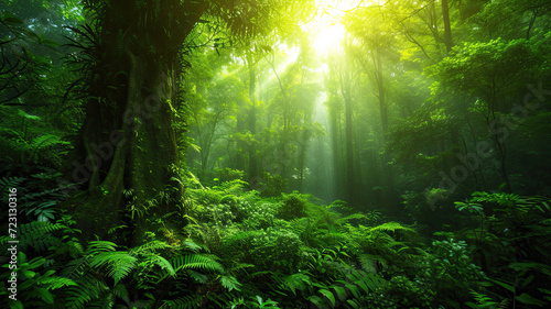 Towering green trees and small plants  sunlight filtering through. Mystical and serene atmosphere.