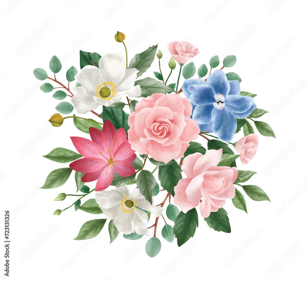 flower arrangement. bouquet of roses, wild flowers, eucaliptus. illustration vector. botanic