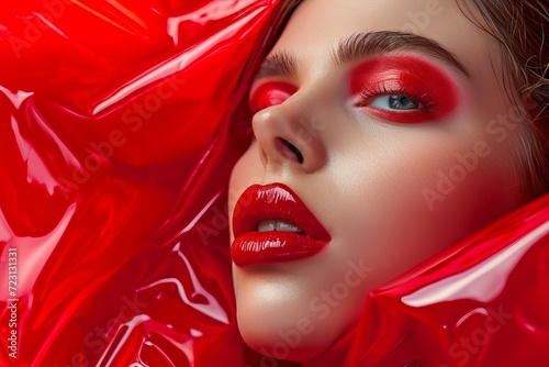 Portrait of a beautiful girl with red lips on a red background © Dzmitry Halavach