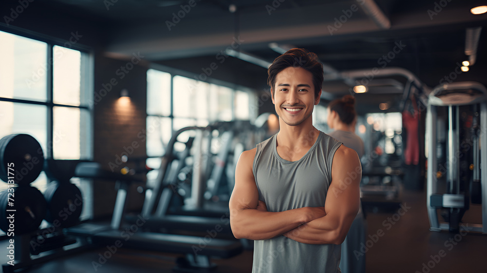 Muscular asian man in sportswear, fitness trainer smiling and looking at the camera on the background of the gym. The concept of a healthy lifestyle and sports. Muscular asian man in sportswear, fitness trainer smiling and looking at the camera on the background of the gym. The concept of a healthy lifestyle and sports.