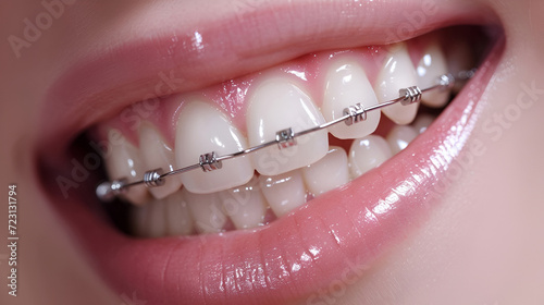Close-up of a happy smile of a young woman with healthy white teeth with metal braces decorated with rhinestones. Dentistry concept