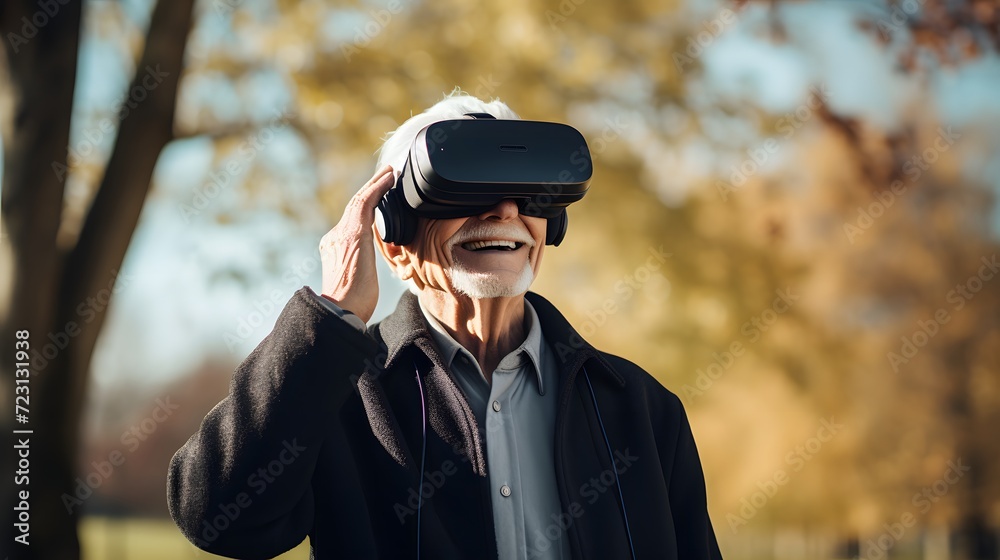Photographic portrait of an elderly man using a VR headset