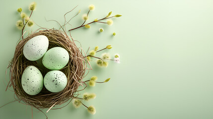 Easter Frame Concept. A nest with speckled green eggs, complemented by willow catkins, arranged on a light green background with ample space for text.