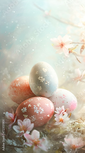 Vertical pastel beige Easter eggs nestled in a delicate nest of feathers and flowers capture the essence of spring in a dreamy pastel card with copy space