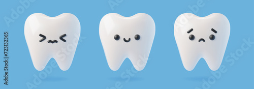 3D realistic white teeth set of different emotions, vector funny cute smile and sad tooth characters, health conditions