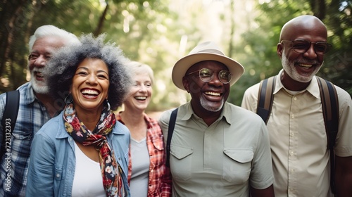 A group of racially diverse seniors in their 70s hiking photo