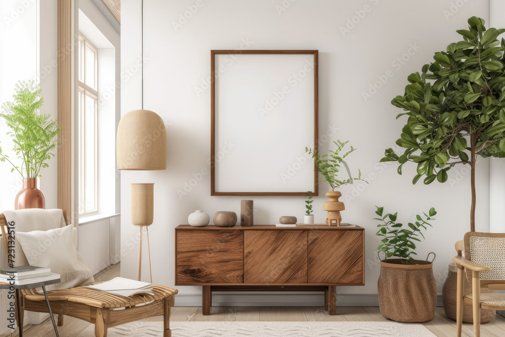 Frame mockup with ISO A paper size, showcasing a living room wall poster mockup against a modern interior design background, presented in a 3D render. Frame mockup with ISO A paper size, showcasing a living room wall poster mockup against a modern interior design background, presented in a 3D render.
