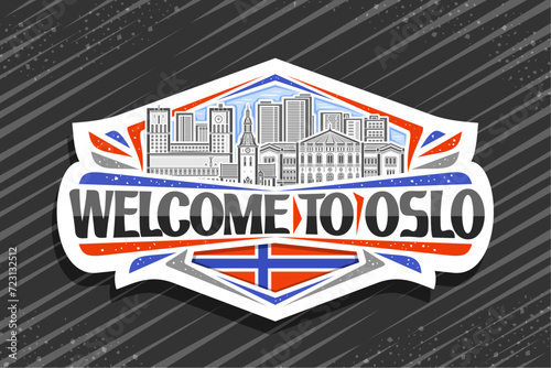 Vector logo for Oslo, white decorative sign with outline illustration of famous european oslo city scape on day sky background, art design urban refrigerator magnet with black words welcome to oslo