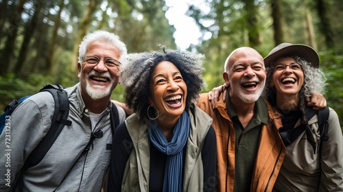 A group of racially diverse seniors in their 70s hiking